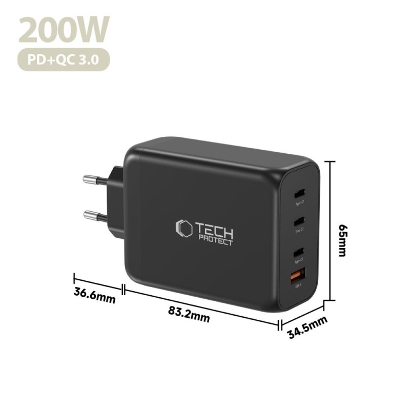 Tech-Protect NC200W-GAN мрежово зарядно 200W GaN, 4 порта (3x Type-C + 1x USB-A), PD + QC3.0, черно - Tech-Protect NC200W-GAN мрежово зарядно 200W GaN, 4 порта (3x Type-C + 1x USB-A), PD + QC3.0, черно - 5906302352340