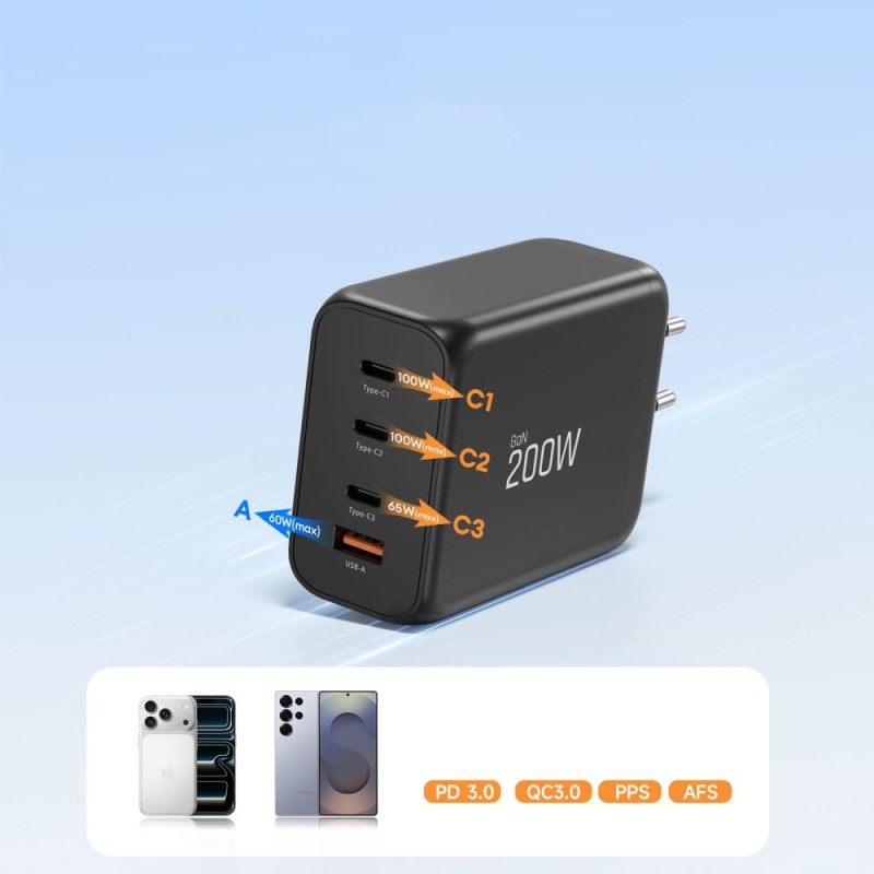 Tech-Protect NC200W-GAN мрежово зарядно 200W GaN, 4 порта (3x Type-C + 1x USB-A), PD + QC3.0, черно - Tech-Protect NC200W-GAN мрежово зарядно 200W GaN, 4 порта (3x Type-C + 1x USB-A), PD + QC3.0, черно - 5906302352340