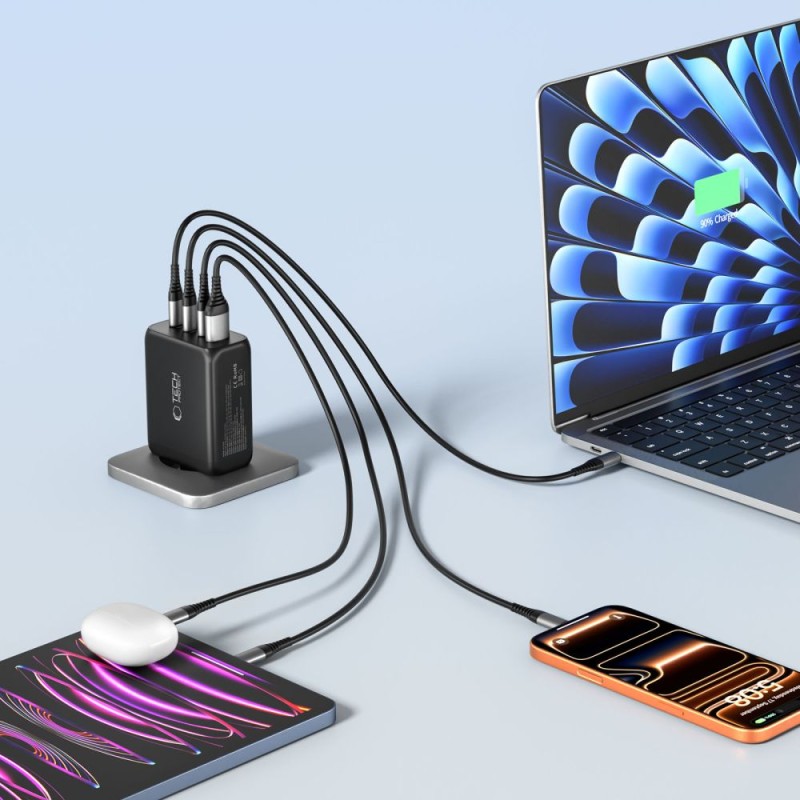 Tech-Protect NC200W-GAN мрежово зарядно 200W GaN, 4 порта (3x Type-C + 1x USB-A), PD + QC3.0, черно - Tech-Protect NC200W-GAN мрежово зарядно 200W GaN, 4 порта (3x Type-C + 1x USB-A), PD + QC3.0, черно - 5906302352340