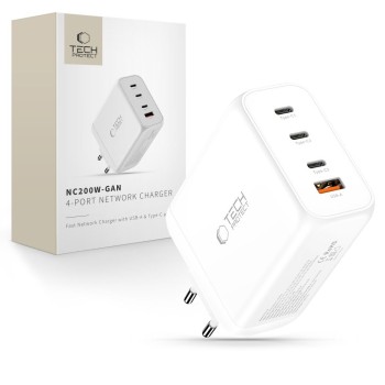 TECH-PROTECT NC200W-GAN 4-портов мрежов заряден адаптер 200W PD / QC3.0 (GaN) Бял