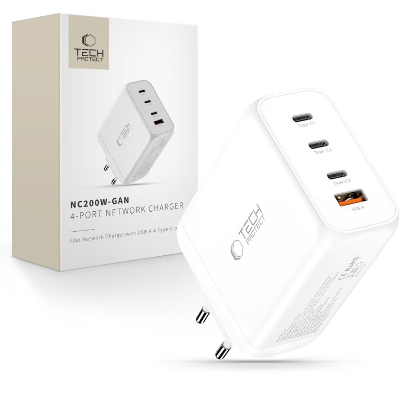TECH-PROTECT NC200W-GAN 4-портов мрежов заряден адаптер 200W PD / QC3.0 (GaN) Бял - TECH-PROTECT NC200W-GAN 4-портов мрежов заряден адаптер 200W PD / QC3.0 (GaN) Бял - 5906302352357