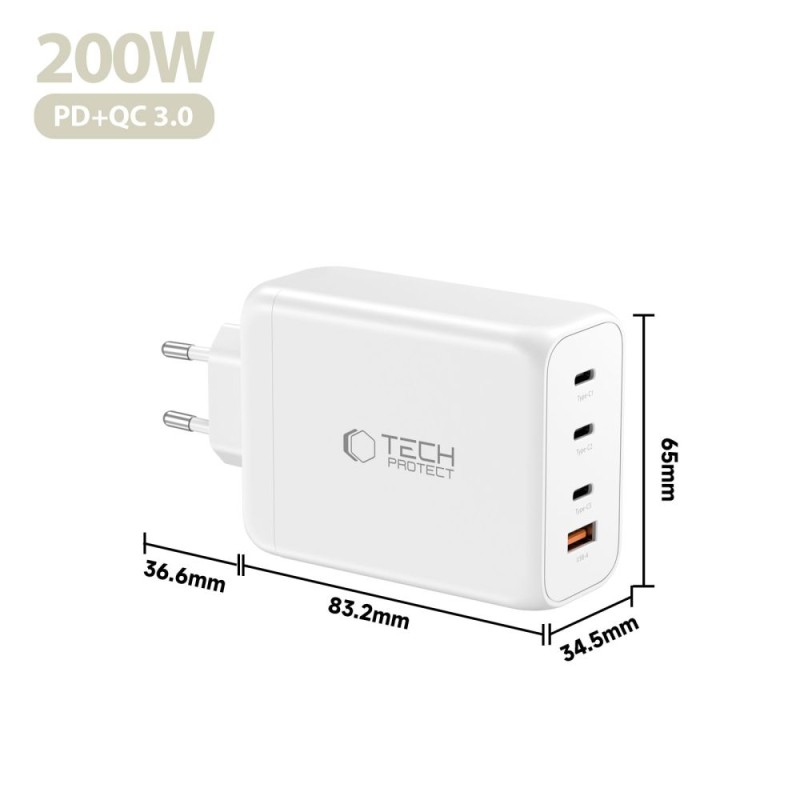 TECH-PROTECT NC200W-GAN 4-портов мрежов заряден адаптер 200W PD / QC3.0 (GaN) Бял - TECH-PROTECT NC200W-GAN 4-портов мрежов заряден адаптер 200W PD / QC3.0 (GaN) Бял - 5906302352357
