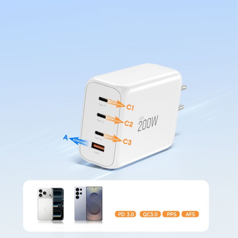 TECH-PROTECT NC200W-GAN 4-портов мрежов заряден адаптер 200W PD / QC3.0 (GaN) Бял - TECH-PROTECT NC200W-GAN 4-портов мрежов заряден адаптер 200W PD / QC3.0 (GaN) Бял - 5906302352357