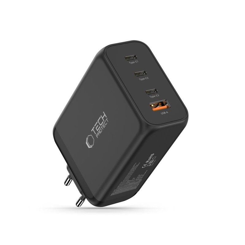 TECH-PROTECT NC240W-GAN мрежово зарядно 4-портово 240W, PD, QC3.0 (черно) - TECH-PROTECT NC240W-GAN мрежово зарядно 4-портово 240W, PD, QC3.0 (черно) - 5906302352364