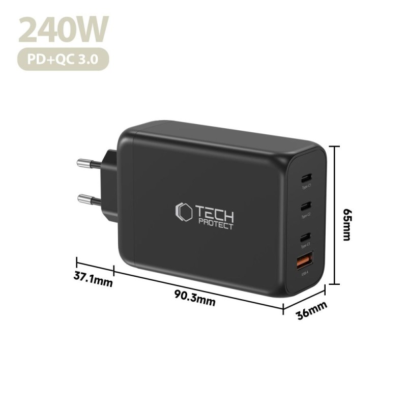 TECH-PROTECT NC240W-GAN мрежово зарядно 4-портово 240W, PD, QC3.0 (черно) - TECH-PROTECT NC240W-GAN мрежово зарядно 4-портово 240W, PD, QC3.0 (черно) - 5906302352364