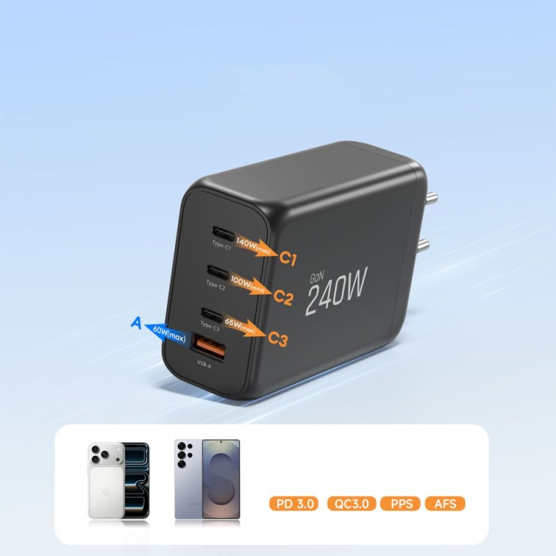 TECH-PROTECT NC240W-GAN мрежово зарядно 4-портово 240W, PD, QC3.0 (черно) - TECH-PROTECT NC240W-GAN мрежово зарядно 4-портово 240W, PD, QC3.0 (черно) - 5906302352364