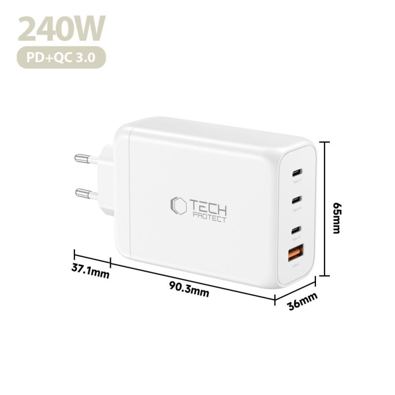 Tech-Protect NC240W-GAN Мрежово зарядно 4-порт PD 240W / QC3.0 (бяло) - Tech-Protect NC240W-GAN Мрежово зарядно 4-порт PD 240W / QC3.0 (бяло) - 5906302352371