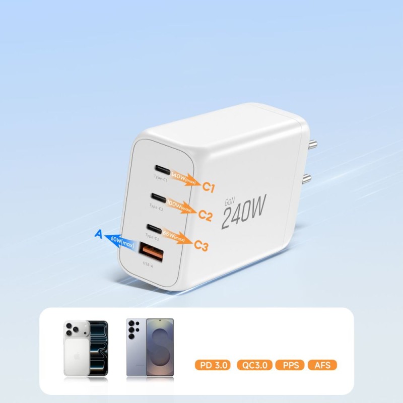 Tech-Protect NC240W-GAN Мрежово зарядно 4-порт PD 240W / QC3.0 (бяло) - Tech-Protect NC240W-GAN Мрежово зарядно 4-порт PD 240W / QC3.0 (бяло) - 5906302352371