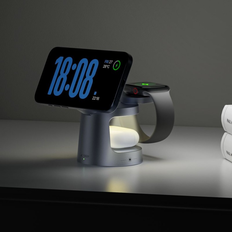 Tech-Protect A48 3в1 магнитна MagSafe безжична зарядна станция 25W, Qi2.2, тъмносив - Tech-Protect A48 3в1 магнитна MagSafe безжична зарядна станция 25W, Qi2.2, тъмносив - 5906302352531