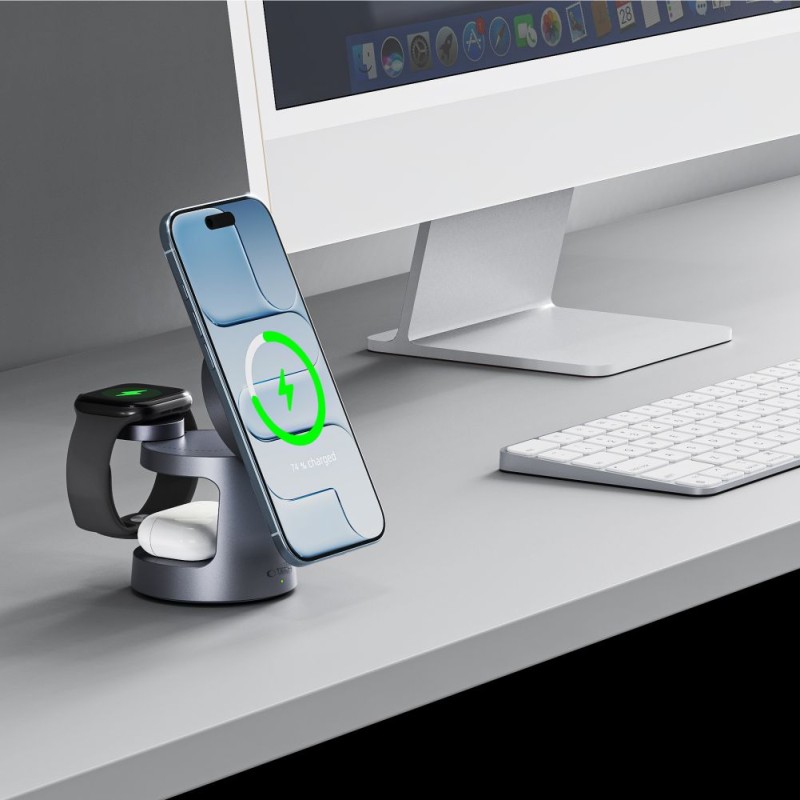 Tech-Protect A48 3в1 магнитна MagSafe безжична зарядна станция 25W, Qi2.2, тъмносив - Tech-Protect A48 3в1 магнитна MagSafe безжична зарядна станция 25W, Qi2.2, тъмносив - 5906302352531