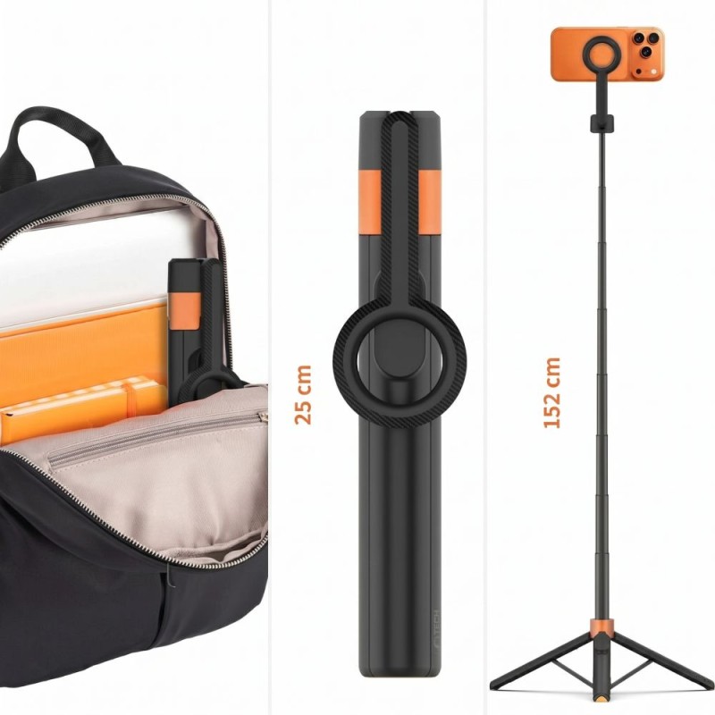 Tech-Protect L10S MagSafe Bluetooth selfie stick статив черно/оранжев - Tech-Protect L10S MagSafe Bluetooth selfie stick статив черно/оранжев - 5906302352807