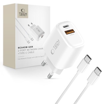 Tech-Protect NCA45W-GAN 2-портов мрежов зарядeн PD 45W / QC3.0 + Type-C кабел 100 см (бял)