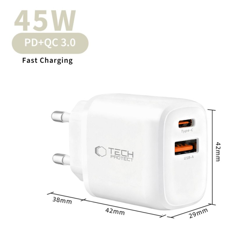 Tech-Protect NCA45W-GAN 2-портов мрежов зарядeн PD 45W / QC3.0 + Type-C кабел 100 см (бял) - Tech-Protect NCA45W-GAN 2-портов мрежов зарядeн PD 45W / QC3.0 + Type-C кабел 100 см (бял) - 5906302352814