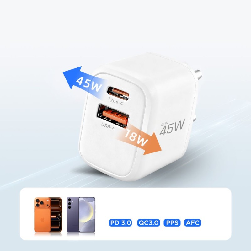 Tech-Protect NCA45W-GAN 2-портов мрежов зарядeн PD 45W / QC3.0 + Type-C кабел 100 см (бял) - Tech-Protect NCA45W-GAN 2-портов мрежов зарядeн PD 45W / QC3.0 + Type-C кабел 100 см (бял) - 5906302352814