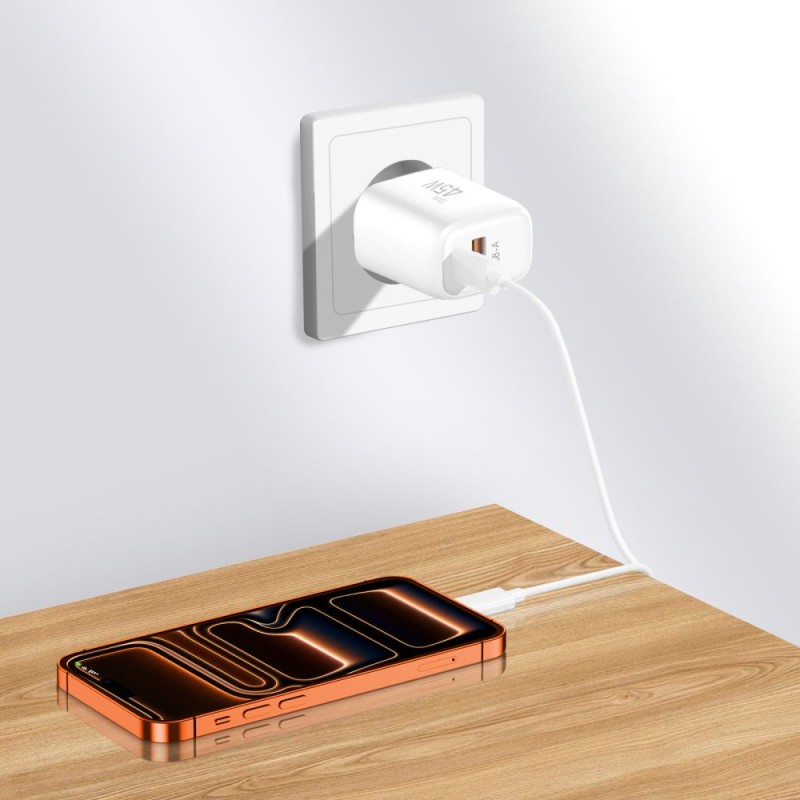 Tech-Protect NCA45W-GAN 2-портов мрежов зарядeн PD 45W / QC3.0 + Type-C кабел 100 см (бял) - Tech-Protect NCA45W-GAN 2-портов мрежов зарядeн PD 45W / QC3.0 + Type-C кабел 100 см (бял) - 5906302352814