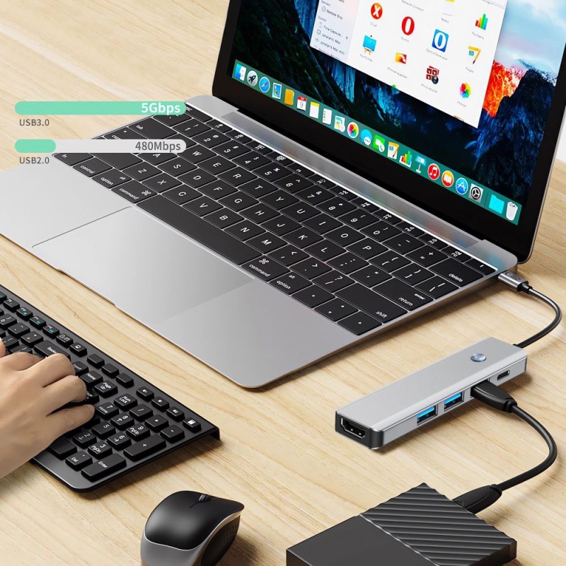 Tech-Protect HB01 HUB адаптер 5в1 Type-C + USB 3.0 + HDMI 4K/60Hz + PD100W, space grey - Tech-Protect HB01 HUB адаптер 5в1 Type-C + USB 3.0 + HDMI 4K/60Hz + PD100W, space grey - 5906302360529