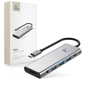 Tech-Protect HB04 Хъб адаптер 9в1 Type-C + USB 2.0 + USB 3.0 + HDMI 4K 60Hz + SD/TF + PD 100W + 3.5 мм аудио (Space Grey)