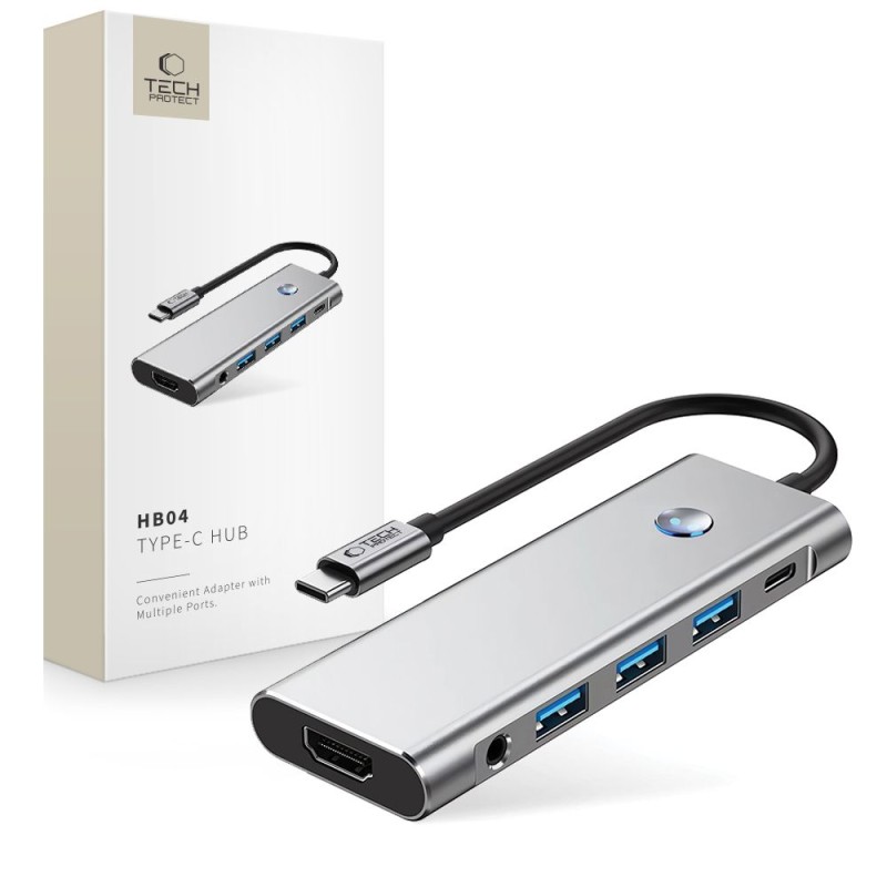 Tech-Protect HB04 Хъб адаптер 9в1 Type-C + USB 2.0 + USB 3.0 + HDMI 4K 60Hz + SD/TF + PD 100W + 3.5 мм аудио (Space Grey) - Tech-Protect HB04 Хъб адаптер 9в1 Type-C + USB 2.0 + USB 3.0 + HDMI 4K 60Hz + SD/TF + PD 100W + 3.5 мм аудио (Space Grey) - 5906302360536