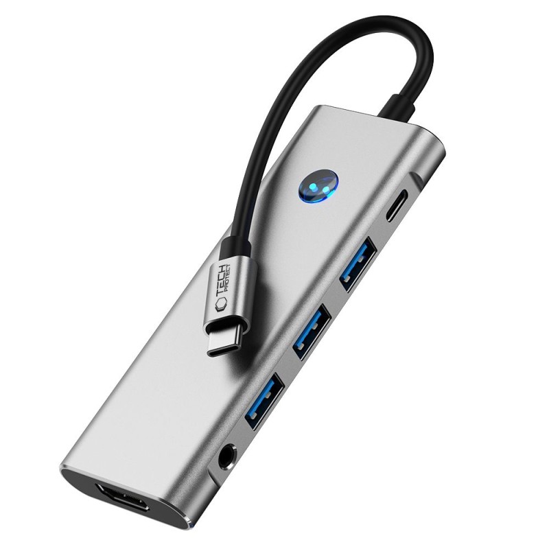 Tech-Protect HB04 Хъб адаптер 9в1 Type-C + USB 2.0 + USB 3.0 + HDMI 4K 60Hz + SD/TF + PD 100W + 3.5 мм аудио (Space Grey) - Tech-Protect HB04 Хъб адаптер 9в1 Type-C + USB 2.0 + USB 3.0 + HDMI 4K 60Hz + SD/TF + PD 100W + 3.5 мм аудио (Space Grey) - 5906302360536