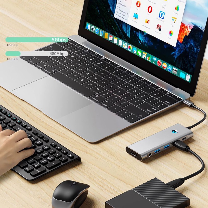 Tech-Protect HB04 Хъб адаптер 9в1 Type-C + USB 2.0 + USB 3.0 + HDMI 4K 60Hz + SD/TF + PD 100W + 3.5 мм аудио (Space Grey) - Tech-Protect HB04 Хъб адаптер 9в1 Type-C + USB 2.0 + USB 3.0 + HDMI 4K 60Hz + SD/TF + PD 100W + 3.5 мм аудио (Space Grey) - 5906302360536