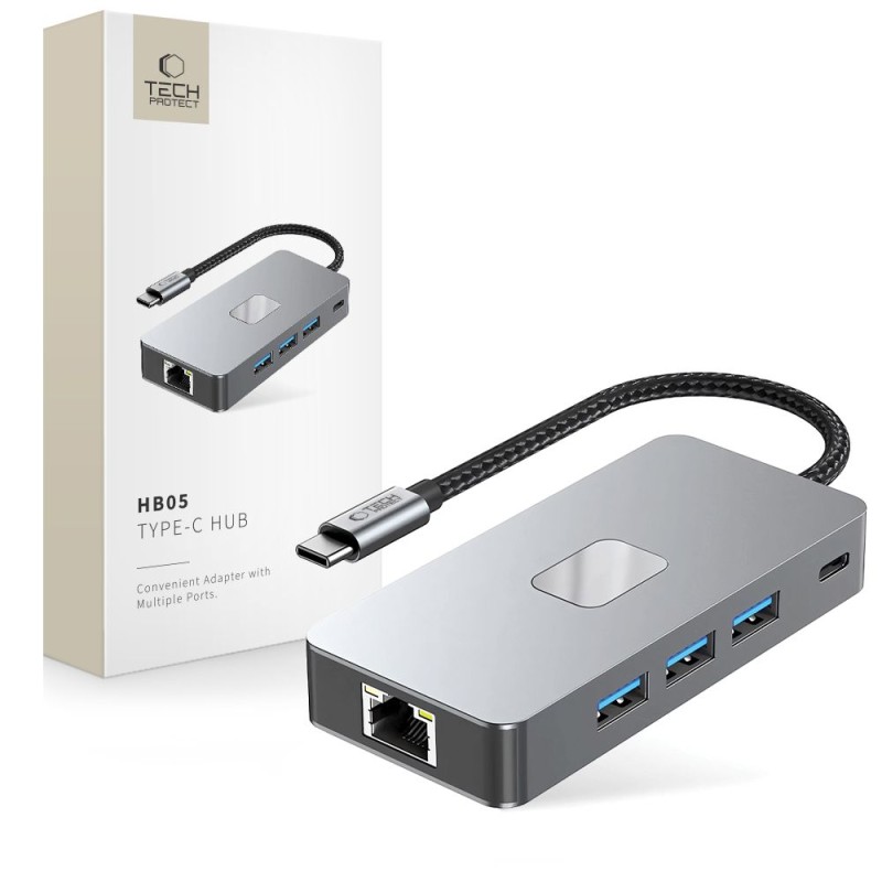 Tech-Protect HB05 HUB адаптер 9в1 Type-C + USB 2.0/3.0 + HDMI 4K 60Hz + SD/TF + PD 100W + RJ45 1000M Space Grey - 5906302360543
