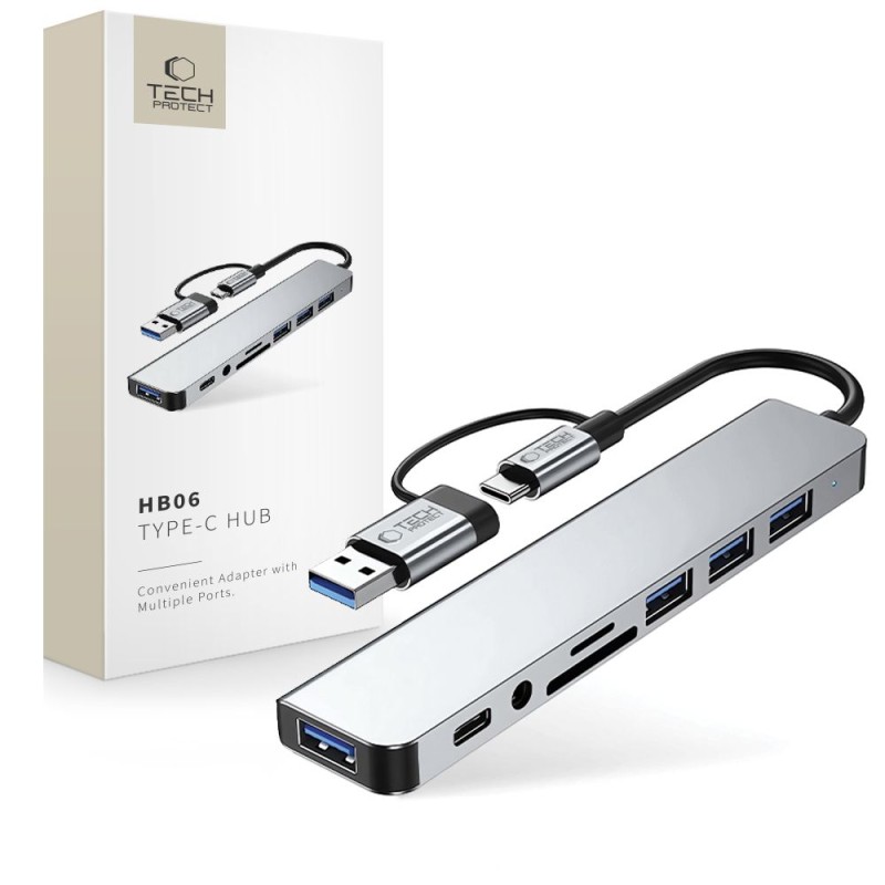 TECH-PROTECT HB06 Хъб адаптер 8в1 USB-C + USB 2.0 + USB 3.0 + SD/TF + AV 3.5, space grey - TECH-PROTECT HB06 Хъб адаптер 8в1 USB-C + USB 2.0 + USB 3.0 + SD/TF + AV 3.5, space grey - 5906302360550
