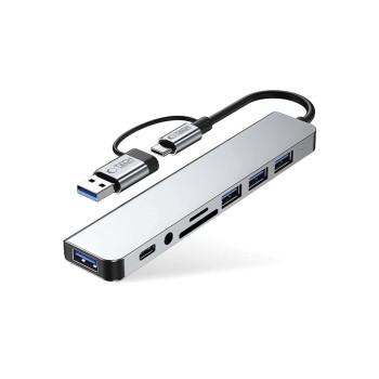 TECH-PROTECT HB06 Хъб адаптер 8в1 USB-C + USB 2.0 + USB 3.0 + SD/TF + AV 3.5, space grey TECH-PROTECT HB06 Хъб адаптер 8в1 USB-C + USB 2.0 + USB 3.0 + SD/TF + AV 3.5, space grey