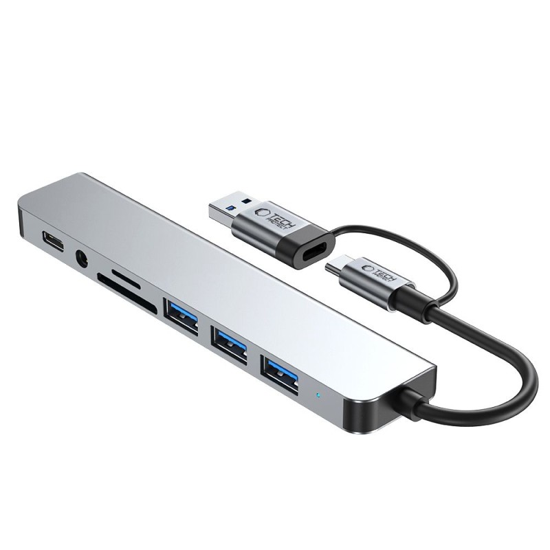 TECH-PROTECT HB06 Хъб адаптер 8в1 USB-C + USB 2.0 + USB 3.0 + SD/TF + AV 3.5, space grey - TECH-PROTECT HB06 Хъб адаптер 8в1 USB-C + USB 2.0 + USB 3.0 + SD/TF + AV 3.5, space grey - 5906302360550