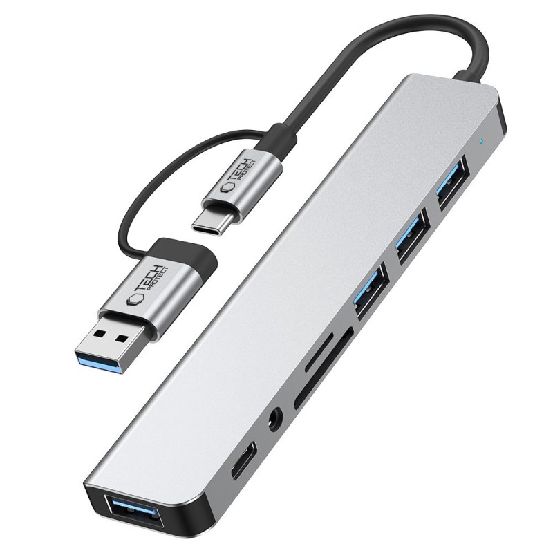 TECH-PROTECT HB06 Хъб адаптер 8в1 USB-C + USB 2.0 + USB 3.0 + SD/TF + AV 3.5, space grey - TECH-PROTECT HB06 Хъб адаптер 8в1 USB-C + USB 2.0 + USB 3.0 + SD/TF + AV 3.5, space grey - 5906302360550