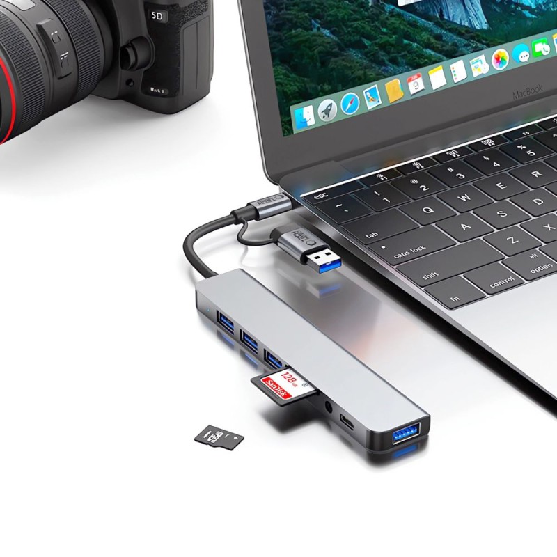 TECH-PROTECT HB06 Хъб адаптер 8в1 USB-C + USB 2.0 + USB 3.0 + SD/TF + AV 3.5, space grey - TECH-PROTECT HB06 Хъб адаптер 8в1 USB-C + USB 2.0 + USB 3.0 + SD/TF + AV 3.5, space grey - 5906302360550