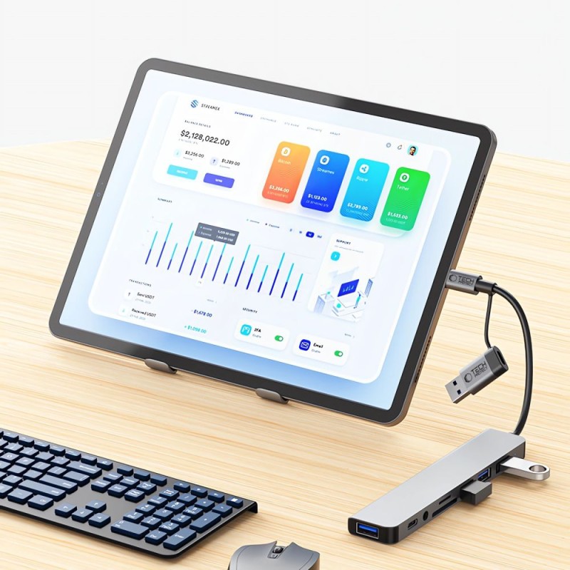 TECH-PROTECT HB06 Хъб адаптер 8в1 USB-C + USB 2.0 + USB 3.0 + SD/TF + AV 3.5, space grey - TECH-PROTECT HB06 Хъб адаптер 8в1 USB-C + USB 2.0 + USB 3.0 + SD/TF + AV 3.5, space grey - 5906302360550