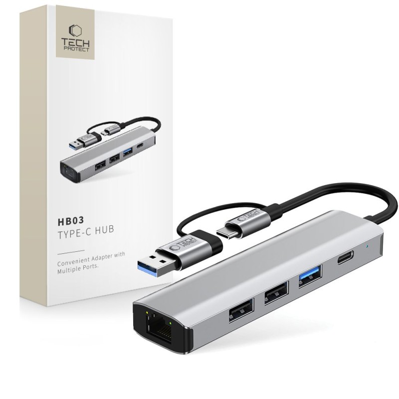 Tech-Protect HB03 HUB адаптер 5в1 Type-C + USB 2.0 + USB 3.0 + RJ45, space grey - Tech-Protect HB03 HUB адаптер 5в1 Type-C + USB 2.0 + USB 3.0 + RJ45, space grey - 5906302360567