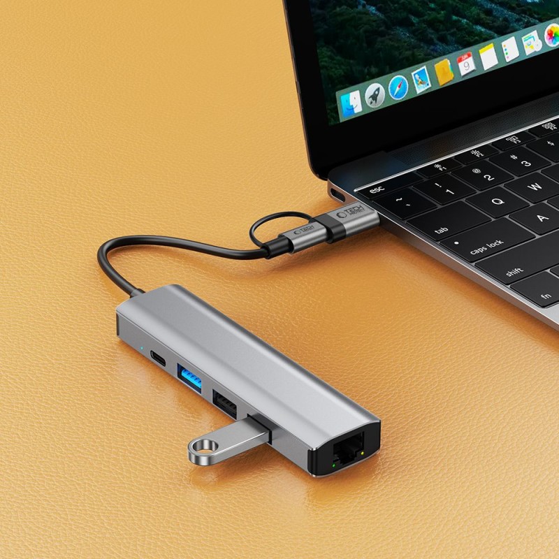 Tech-Protect HB03 HUB адаптер 5в1 Type-C + USB 2.0 + USB 3.0 + RJ45, space grey - Tech-Protect HB03 HUB адаптер 5в1 Type-C + USB 2.0 + USB 3.0 + RJ45, space grey - 5906302360567
