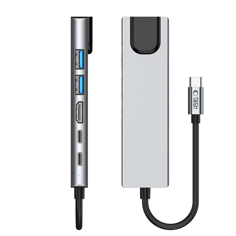 Tech-Protect HB02 Hub Adapter 6в1 Type-C + USB 2.0 + USB 3.0 + HDMI 4K/30Hz + RJ45 + PD 100W Space Grey - Tech-Protect HB02 Hub Adapter 6в1 Type-C + USB 2.0 + USB 3.0 + HDMI 4K/30Hz + RJ45 + PD 100W Space Grey - 5906302360574