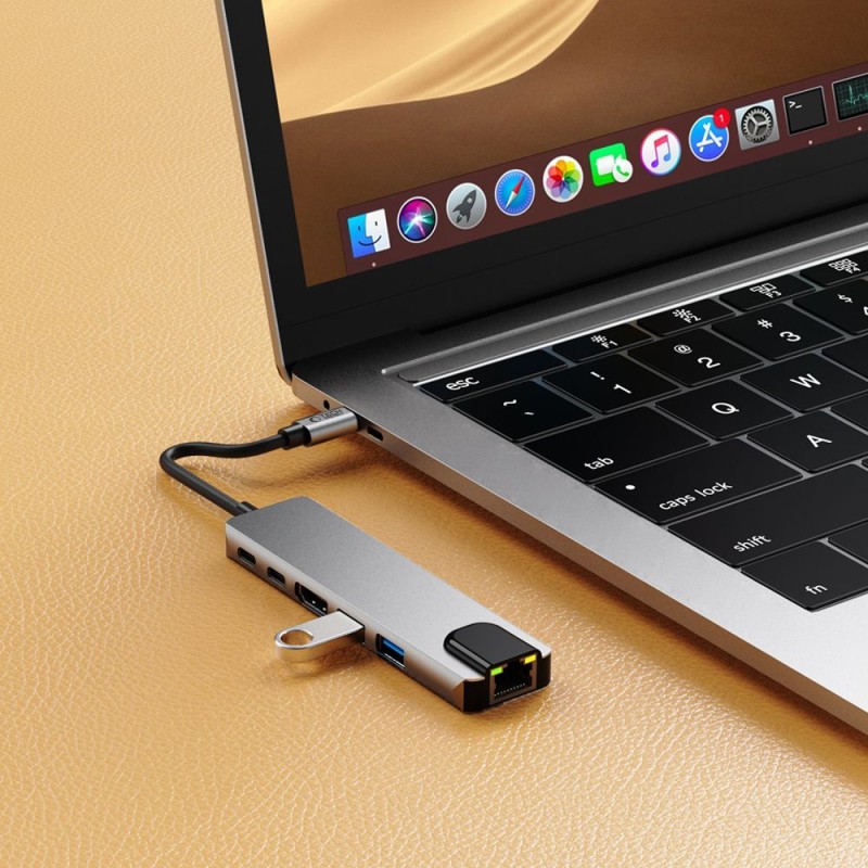 Tech-Protect HB02 Hub Adapter 6в1 Type-C + USB 2.0 + USB 3.0 + HDMI 4K/30Hz + RJ45 + PD 100W Space Grey - Tech-Protect HB02 Hub Adapter 6в1 Type-C + USB 2.0 + USB 3.0 + HDMI 4K/30Hz + RJ45 + PD 100W Space Grey - 5906302360574