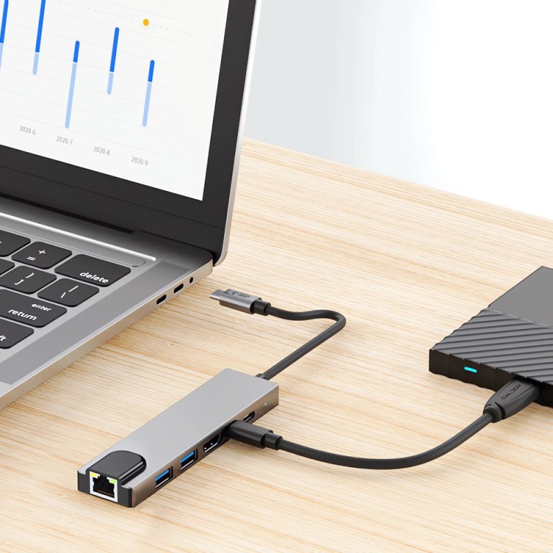 Tech-Protect HB02 Hub Adapter 6в1 Type-C + USB 2.0 + USB 3.0 + HDMI 4K/30Hz + RJ45 + PD 100W Space Grey - Tech-Protect HB02 Hub Adapter 6в1 Type-C + USB 2.0 + USB 3.0 + HDMI 4K/30Hz + RJ45 + PD 100W Space Grey - 5906302360574