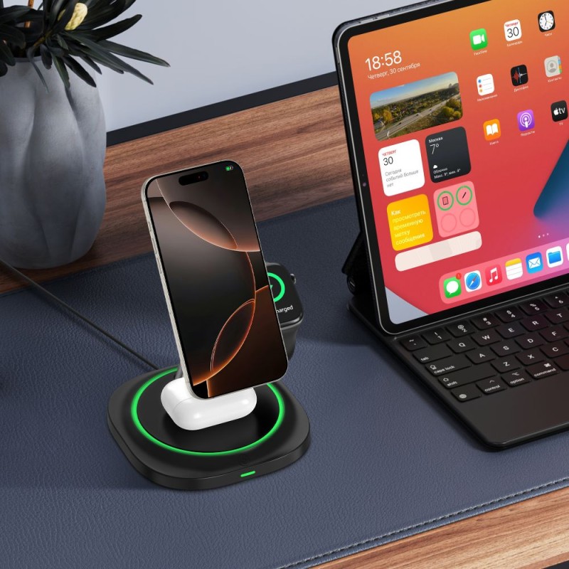 TECH-PROTECT QI15W-A46 3в1 магнитно Magsafe безжично зарядно (черно) - TECH-PROTECT QI15W-A46 3в1 магнитно Magsafe безжично зарядно (черно) - 5906302360994