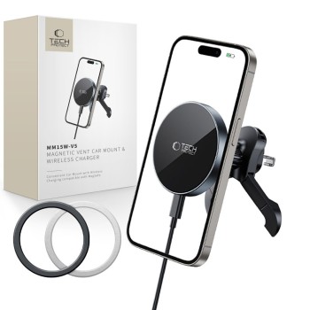 Tech-Protect MM15W-V5 MagSafe магнитна поставка за телефон за кола с безжично зарядно 15W (черно/черно)
