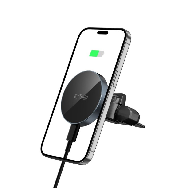 TECH-PROTECT MM15W-V5 Магнитна MagSafe автомобилна стойка за CD и вентилационна решетка с безжично зарядно 15W черно/черно - TECH-PROTECT MM15W-V5 Магнитна MagSafe автомобилна стойка за CD и вентилационна решетка с безжично зарядно 15W черно/черно - 5906302361083