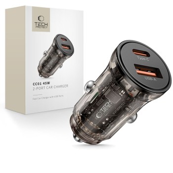TECH-PROTECT CC01 2-порт зарядно за кола PD 45W / QC3.0, черно