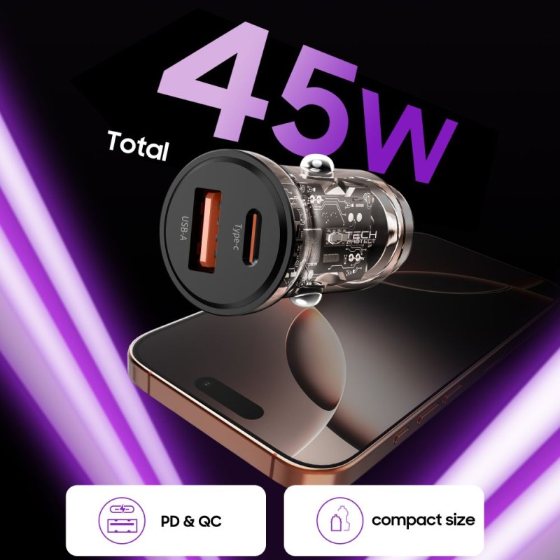 TECH-PROTECT CC01 2-порт зарядно за кола PD 45W / QC3.0, черно - TECH-PROTECT CC01 2-порт зарядно за кола PD 45W / QC3.0, черно - 5906302361298