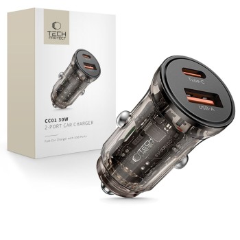 Tech-Protect CC01 двупортова зарядна за кола PD 30W / QC3.0, черна