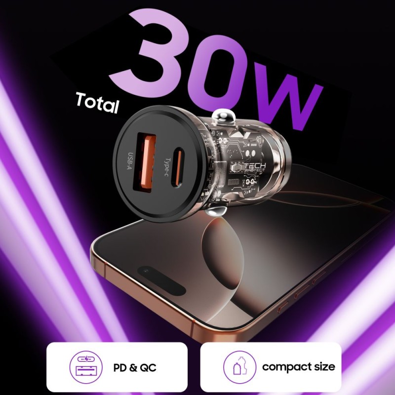 Tech-Protect CC01 двупортова зарядна за кола PD 30W / QC3.0, черна - Tech-Protect CC01 двупортова зарядна за кола PD 30W / QC3.0, черна - 5906302361311