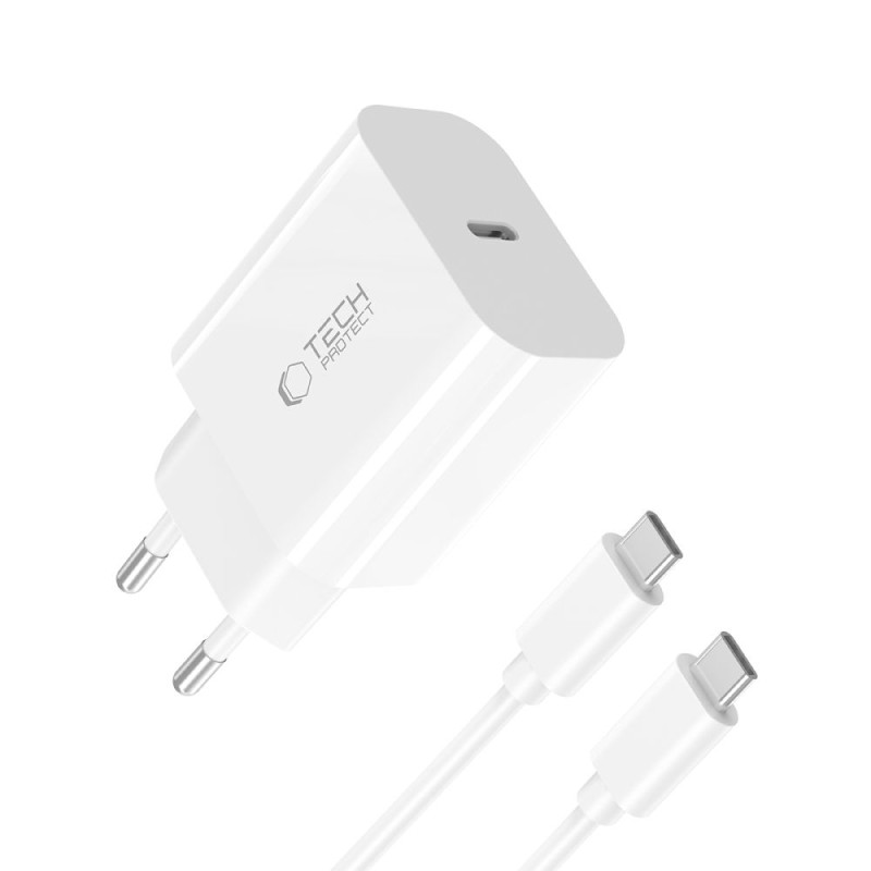 TECH-PROTECT NC20W зарядно за мрежа 20W с 1 порт PD + USB-C кабел 100 см (бяло) - TECH-PROTECT NC20W зарядно за мрежа 20W с 1 порт PD + USB-C кабел 100 см (бяло) - 5906302361588