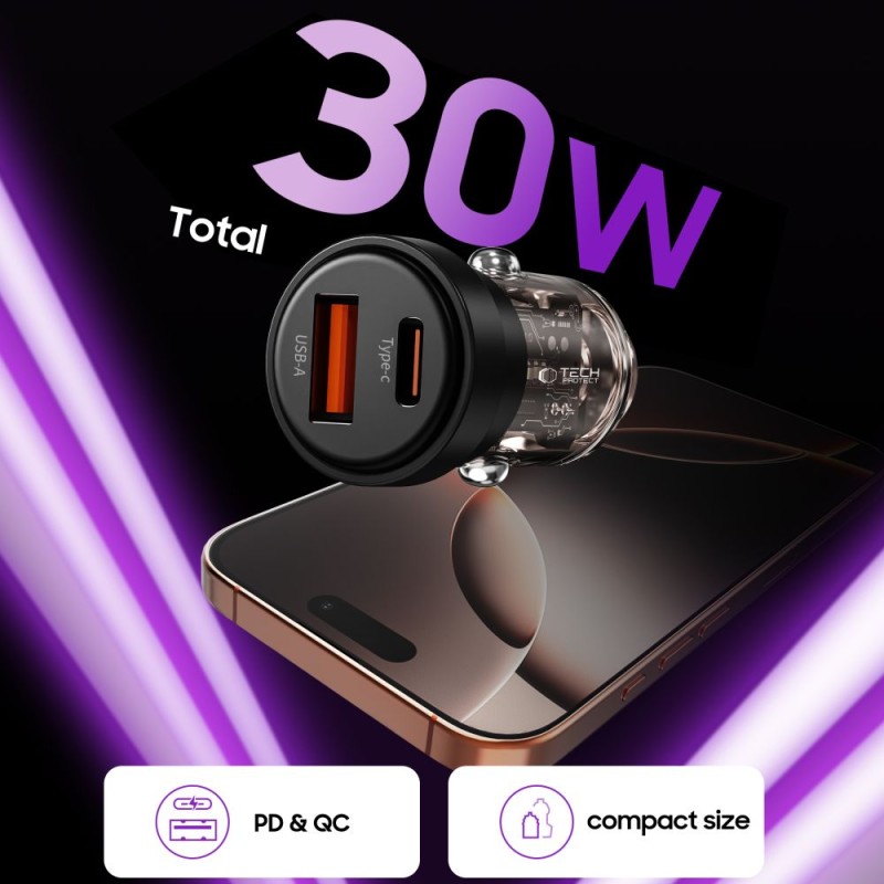 TECH-PROTECT CC03 2-портова зарядна за кола PD 30W / QC3.0 (черна) - TECH-PROTECT CC03 2-портова зарядна за кола PD 30W / QC3.0 (черна) - 5906302361649