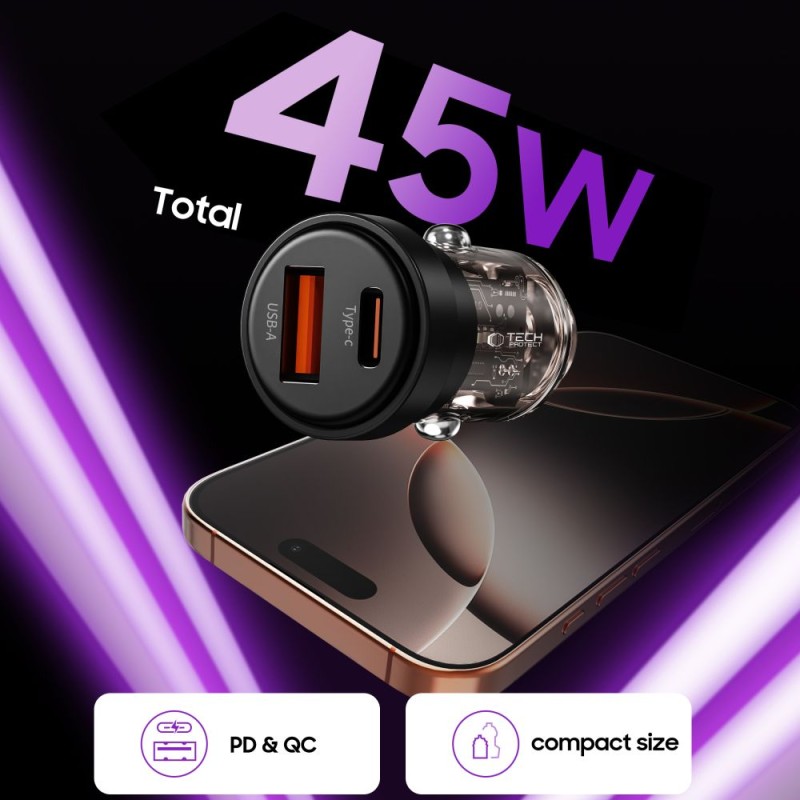 TECH-PROTECT CC03 2-порт USB автомобилно зарядно PD 45W / QC3.0 BLACK - TECH-PROTECT CC03 2-порт USB автомобилно зарядно PD 45W / QC3.0 BLACK - 5906302361656