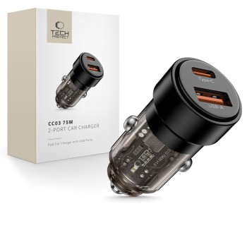 TECH-PROTECT CC03 двупортово зарядно за автомобил с PD 75W, черно