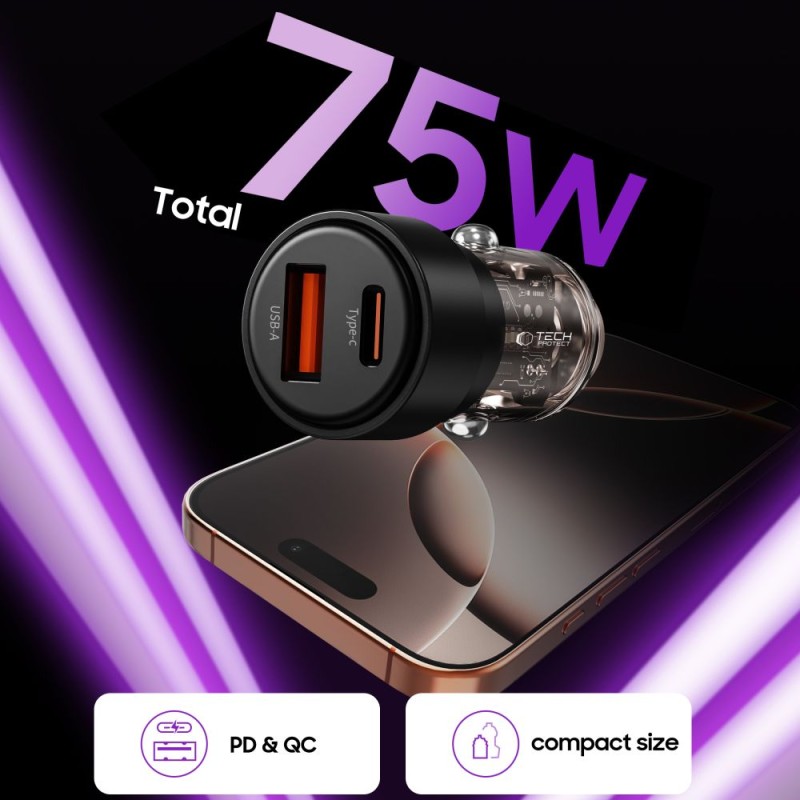 TECH-PROTECT CC03 двупортово зарядно за автомобил с PD 75W, черно - TECH-PROTECT CC03 двупортово зарядно за автомобил с PD 75W, черно - 5906302361663