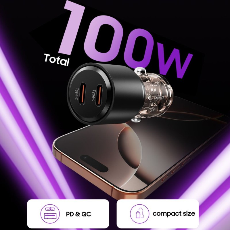 TECH-PROTECT CC03 2-порторно зарядно за автомобил с PD 100W, черно - TECH-PROTECT CC03 2-порторно зарядно за автомобил с PD 100W, черно - 5906302361687