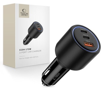 TECH-PROTECT CC04 3-порт зарядно за кола с PD 175W, черно